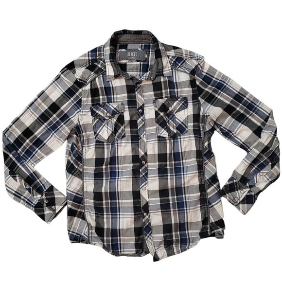 BKE Buckle Pearl Snap Button Long Sleeve Plaid Blue Black Size Medium Shirt A15 - Picture 1 of 9